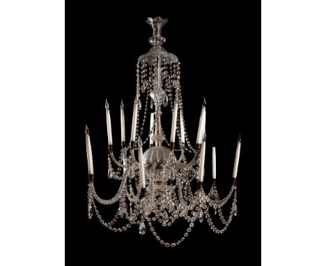 A CUT GLASS SIXTEEN LIGHT CHANDELIER LATE 19TH CENTURY AND LATER Two tiers of barley twist branches, serpentine below and ups
