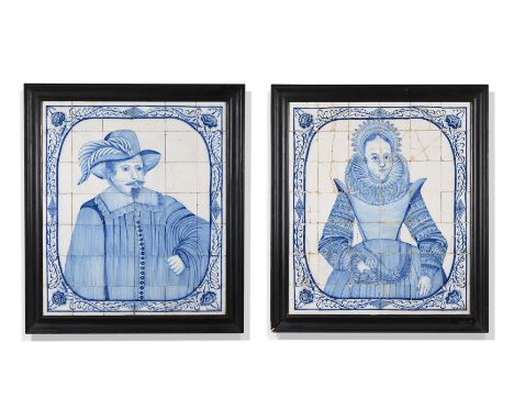 A PAIR OF DUTCH DELFT BLUE AND WHITE FRAMED TILE PANELS  19TH CENTURY  The first depicting head and shoulders of a man with m
