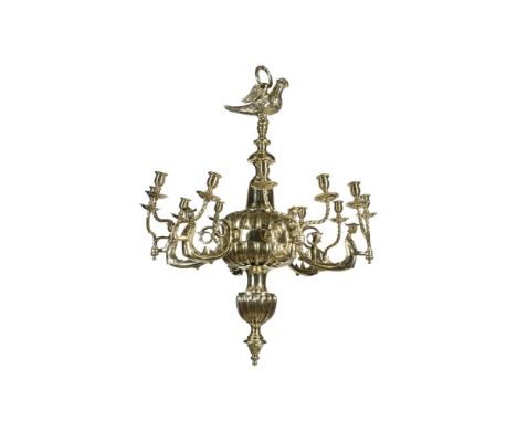 A NORTH EUROPEAN BRASS EIGHT LIGHT CHANDELIER  POSSIBLY DUTCH, 19TH CENTURY  With unusual merman branches issuing from centra