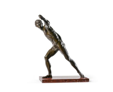 AFTER THE ANTIQUE, A BRONZE FIGURE OF THE BORGHESE GLADIATOR 19TH CENTURY Set on a rouge griotte marble base 53.5cm high over