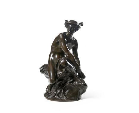 AFTER JEAN-BAPTISTE PIGALLE (1714-1785), A BRONZE FIGURE OF MERCURY SEATED FRENCH, LATE 19TH CENTURY Foundry stamp to base ed