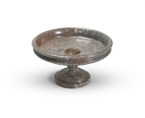 AN ORMOLU MOUNTED SAINTE-ANNE DES PYRÉNÉES MARBLE TAZZA  FRENCH, LATE 19TH CENTURY  The dish centred by a medallion depicting