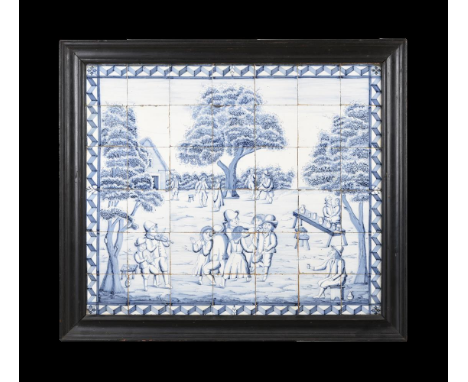 A FRAMED DUTCH DELFT BLUE AND WHITE TILE PANEL 19TH CENTURY  Painted with a scene after David Teniers of villagers making mer