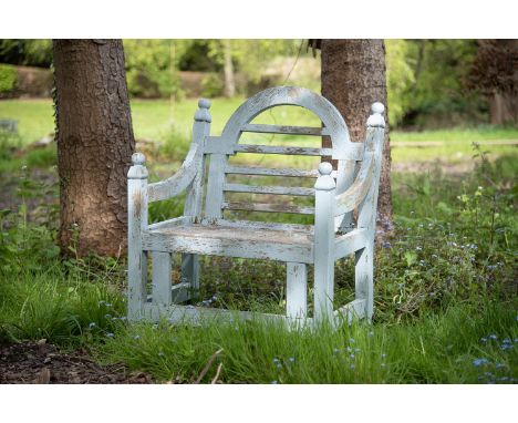 A PAINTED HARDWOOD 'THRONE' GARDEN CHAIR  20TH CENTURY 95cm high, 82cm wide, 61cm deep overall  Condition Report:  With weath