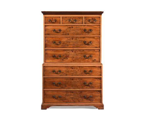 A GEORGE III BURR YEW CHEST ON CHEST CIRCA 1770 The veneers framing the drawer front unusually in birch  173cm high, 109cm wi