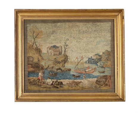 A NEAPOLITAN NEEDLEWORK PICTURE  LATE 18TH OR EARLY 19TH CENTURY  Depicting boats in a bay, in a glazed giltwood frame   the 