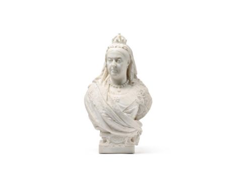 AFTER FRANCIS JOHN WILLIAMSON, A CARRARA MARBLE JUBILEE PORTRAIT BUST OF QUEEN VICTORIA DATED 1887 Wearing Garter sash, socle