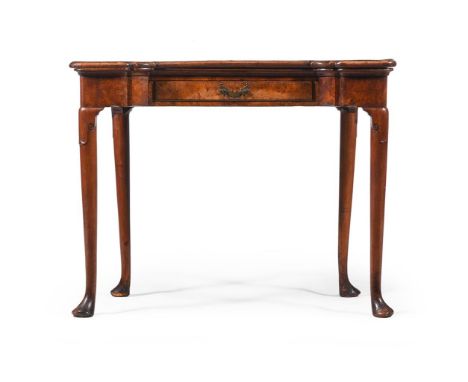 A WALNUT CONCERTINA ACTION CARD TABLE CIRCA 1725 AND LATER The folding burr walnut top opening to reveal a gros and petit poi