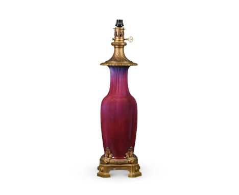 A GILT BRONZE MOUNTED CHINESE AUBERGINE FLAMBÉ GLAZE VASE 19TH CENTURY With French gilt bronze mounts as a lamp base, convert