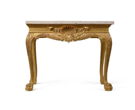 A CARVED GILTWOOD AND GESSO SIDE TABLE IN GEORGE II STYLE, OF RECENT MANUFACTURE After designs by William Kent, with a varieg