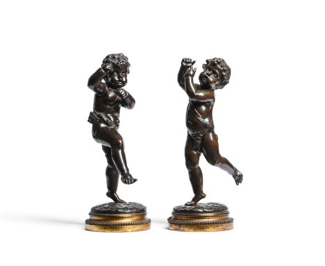 AFTER CLODION, A PAIR OF BRONZE FIGURES OF DANCING MUSICIAN CHILDREN FRENCH, LATE 19TH CENTURY Signed to the cast, ormolu pli