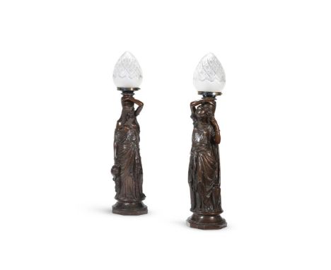 A PAIR OF FRENCH BRONZE FEMALE FIGURAL LAMPS LATE 19TH CENTURY Depicted in Egyptian and Persian style clothing, adapted from 