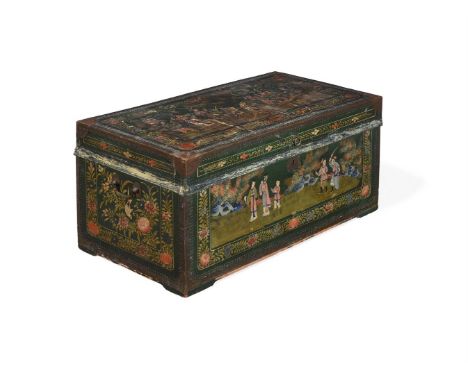 A CHINESE EXPORT POLYCHROME DECORATED TRUNK 19TH CENTURY 47cm high, 103cm wide, 52cm deep TOGETHER WITH A SMALLER CHINESE EXP