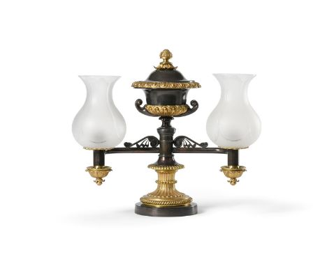 A BRONZE AND GILT METAL TWIN BRANCH TABLE LAMP  IN EARLY 19TH CENTURY STYLE, MODERN Formed as a Colza style lamp, twin glass 