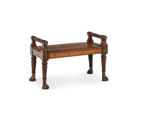 A FINE GEORGE IV MAHOGANY AND BRASS MOUNTED HALL BENCH IN THE MANNER OF THOMAS HOPE, CIRCA 1825 61cm high, 93cm wide, 56cm de