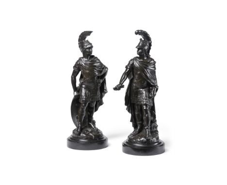 AFTER ÉDOUARD DROUOT (FRENCH 1859-1945) A PAIR OF BRONZE FIGURES OF ROMAN SOLDIERS LATE 19TH OR EARLY 20TH CENTURY Each signe