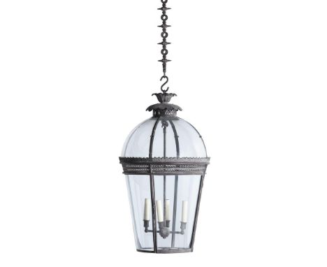 A PATINATED METAL HALL LANTERN  LATE 20TH CENTURY   Of tubular tapering form   the lantern alone approximately 72cm high Prov