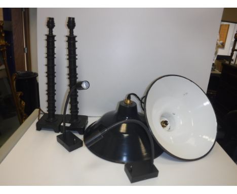 A  pair of modern table lamps of column form, 46 cm high including fittings, together with a pair of industrial style painted