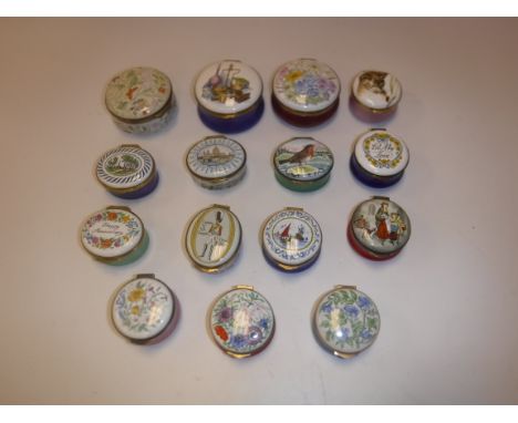 A collection of Crummles enamel boxes including "Apothecary equipment", limited edition No'd. 2, 6 cm diameter, "Floral and b