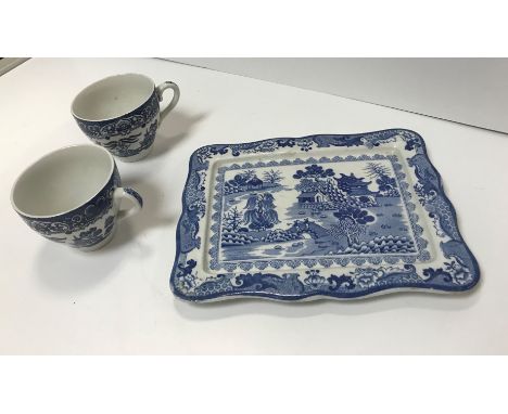 A box containing a collection of blue and white "Willow" pattern china, a modern decorative fire engine model and a Twinings 