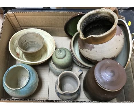 A box containing various studio pottery including a Cookie Scottorn stoneware jug, low relief decorated with plough team, 18.