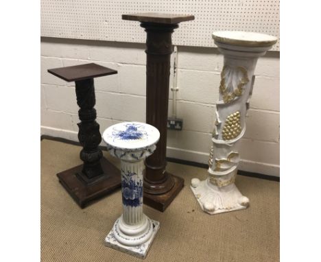 A Victorian pedestal plant stand with foliate carved column, 35 cm x 35 cm x 77.5 cm high, together with a painted compositio