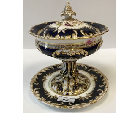 A 19th Century royal blue and gilt decorated and floral spray painted pedestal dish and cover on stand, stand 20 cm diameter 