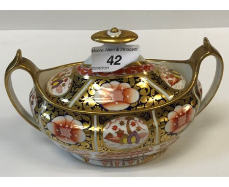 A circa 1830 Spode "Japan" pattern sucrier of oval form with open handles, inscribed to base "Spode 1956", 18 cm wide x 12 cm