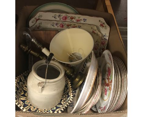 Three boxes of assorted miscellaneous china and sundry items to include a dragon decorated baluster pottery table lamp, a Chi