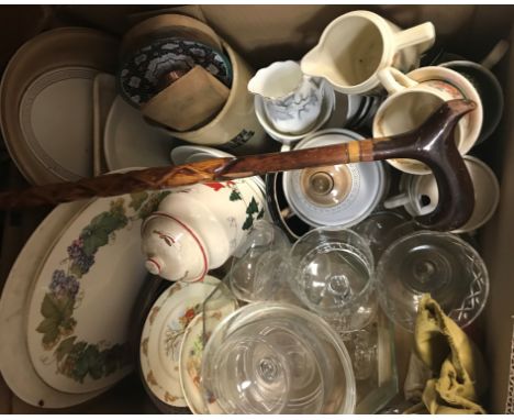 Four boxes of sundry china, glass, etc, to include a Krenit of Denmark enamelled bowl with black exterior and white interior,