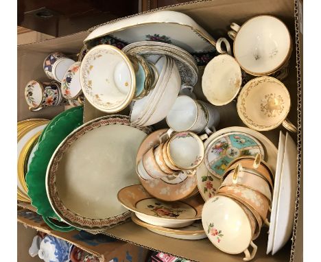 Two boxes of various mainly 19th Century English china, including a Derby duck egg blue ground and gilt decorated vase set wi