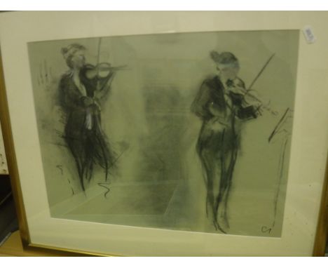 CLARE INSKIP “Sketch III The Violinist”, charcoal and chalk, monogrammed lower right, inscribed on label verso, image size ap