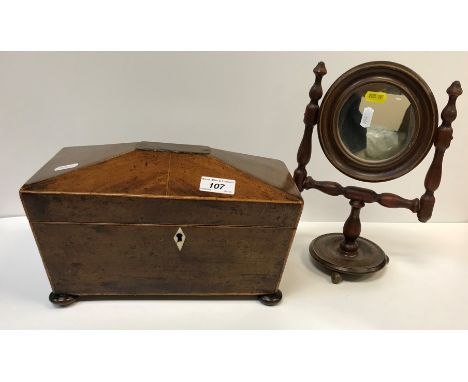 A 19th Century mahogany and satinwood strung two section tea caddy with central recess for mixing bowl (fittings missing), 30