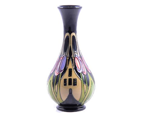 Kerry Goodwin for Moorcroft, a vase in The Hamlet design, ©2013 painted on base, impressed mark, stylised flowers on a dark b