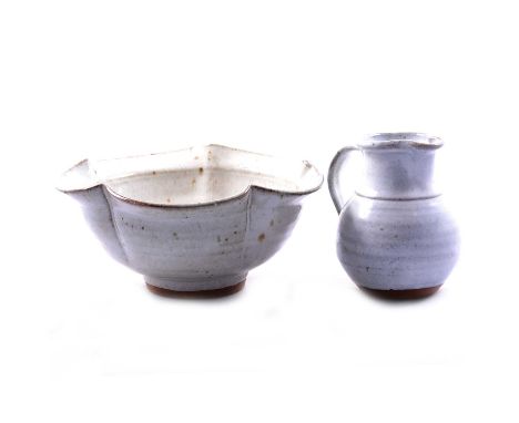 A studio pottery jug, 13cm, and a lobed bowl, ash glaze, no potter's seal, 22cm diam; and a Portmeirion large jug commemorati