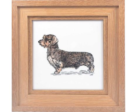 Cecil Aldin printed dog tile, 15x15cm, and another similar initialled AB, both in light oak frames.Qty: 2