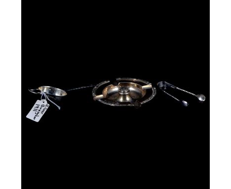 Silver ashtray, Garrard &amp; Co, Birmingham 1955, silver strainer and silver sugar tongs, total weight 5.5ozt.