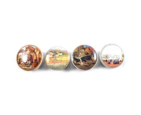 Sixteen Prattware pottery pots with lids, all approximately 10.5cm diameter lids, including Paris Exhibition 1878, The Skater