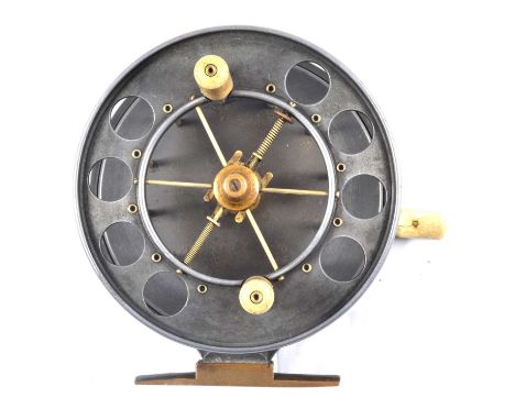 Allcock 'Mahseer Aerial' game fishing reel, “Lever Type” with 4 1/2” drum, perforated with eight vents, circa 1920, model 799