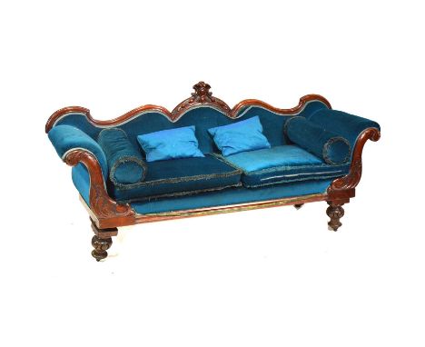 Victorian mahogany framed sofa, carved and scrolled, turned legs, turquoise upholstery, length 214cm, height 95cm.