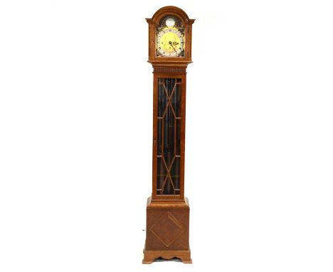 Oak Grandmother clock, arched hood, glazed door, splayed bracekt feet, eight inch arched brass dial signed Elliott and Garrar