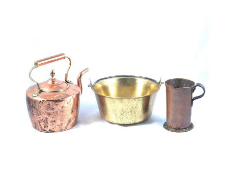 Quantity of copper and brass, including kettle, pans, horde brasses, chamber sticks and jugs, Indian brass puja lamp other In