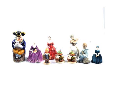 Three Royal Doulton figurines, Charlotte, Vivienne and Cherie; a Toby jug; Nao figure; another Spanish figure; and three Humm