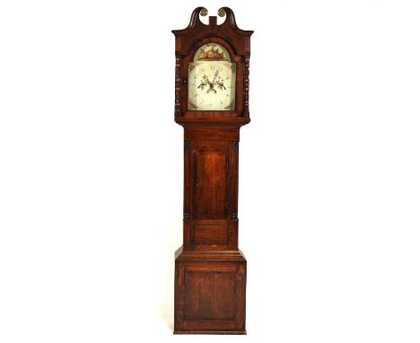 Country-made oak and mahogany longcase clock, hood with swan neck pediment and turned columns, trun with short door, twelve i
