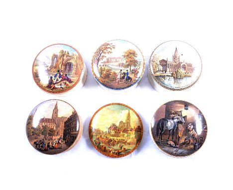 Six Prattware pot lids, five with bases,all approsimate diameter 12cm, including Country Quarters, View of Strasbourg, etc.