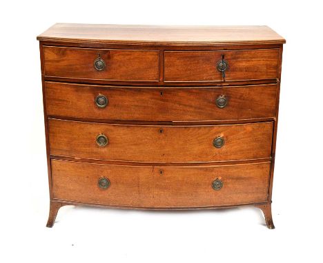 George III mahogany bowfront chest of drawers, reeded top, two short and three long graduating drawers, splayed bracket feet,