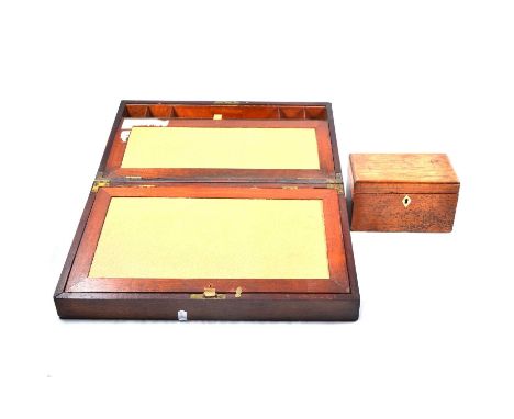 Victorian inlaid mahogany writing box, slope front interior, 45cm, and a Victorian tea caddy.Qty: 2