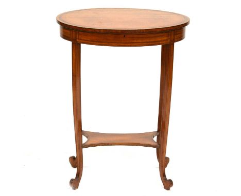 Late Victorian satinwood work table, oval hinged top with compartmentalised interior, splayed legs joined by a shelf, boxwood