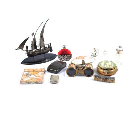 Asian white metal model of a junk, shall card case, opera glasses, scent bottles, etc.