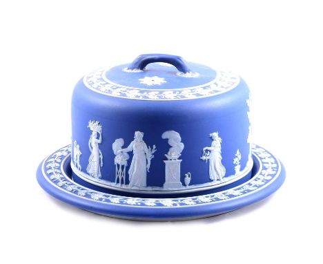 Wedgwood blue and white jasper ware cheese dome, base diameter 30cm, Lladro figure of a girl with a flower barrow, and a Nao 